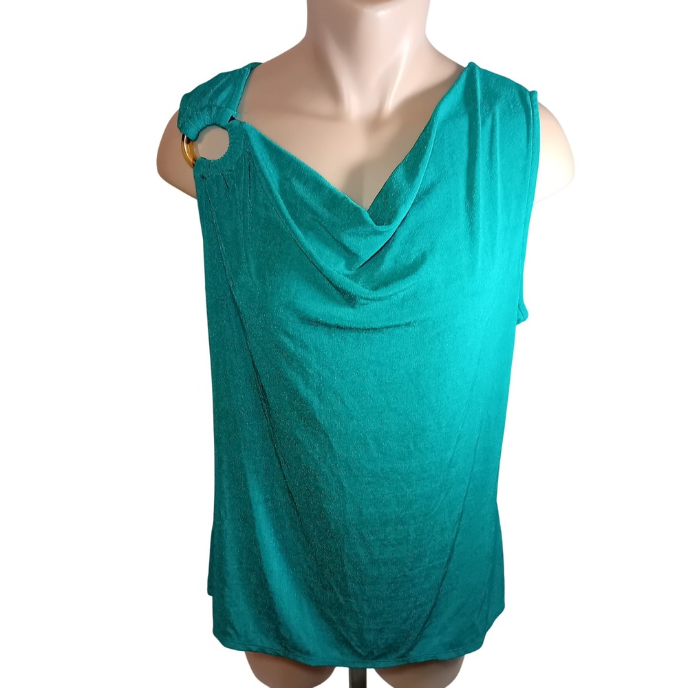 NWOT Jaclyn Smith Teal Cowl Neck Sleeveless Blouse Gold Ring Metallic Boho L